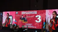 Ketua Umum PDIP Megawati Soekarnoputri  dalam acara Rakornas organisasi sukarelawan dan simpatisan pendukung capres-cawapres nomor urut 3 Ganjar Pranowo dan Mahfud MD di Hall B3-C3 JIEXPO Kemayoran, Jakarta Pusat, Senin (27/11/2023). (Merdeka.com).