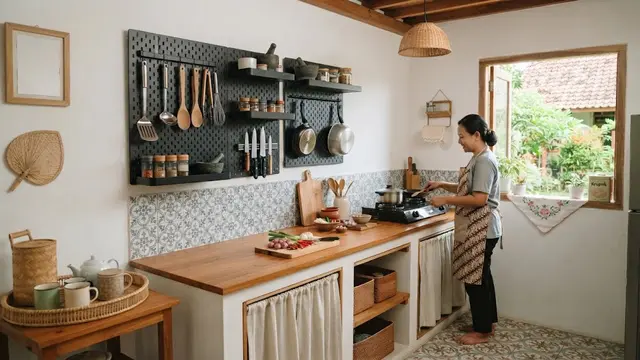 Desain dapur yang tidak terasa pengap dan cocok sebagai ide penataan yang bikin ruangan terasa lebih lega model memanfaatkan dinding untuk menyimpan alat dapur