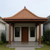 Model Teras Rumah Joglo Modern Model Tiang Kayu dan Lantai Granit