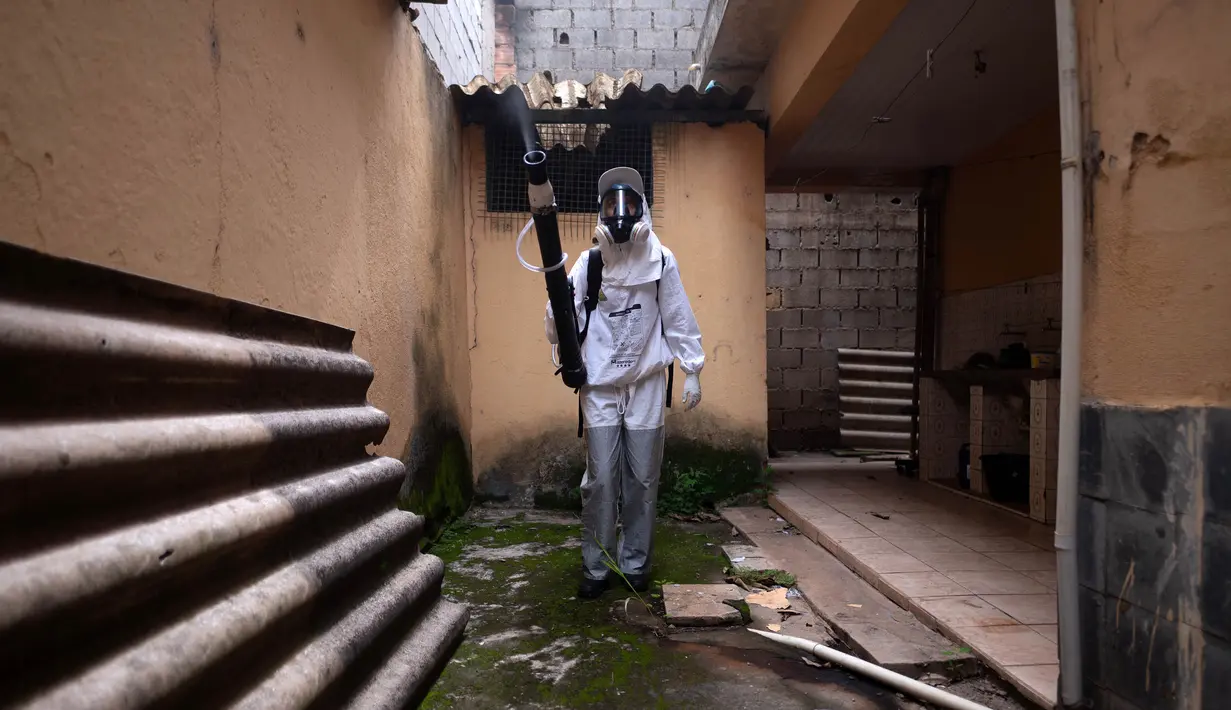Seorang petugas kesehatan melakukan pengasapan terhadap nyamuk Aedes Aegypti, vektor virus dengue, Zika, dan Chikungunya di Contagem, wilayah metropolitan Belo Horizonte, negara bagian Minas Gerais, Brasil, pada tanggal 2 Februari 2024. (DOUGLAS MAGNO/AFP)