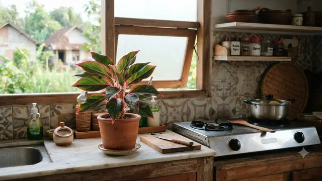 Tanaman hias yang tidak mudah layu meski dekat area memasak dan bikin Bunda tidak setress saat di dapur model aglaenema