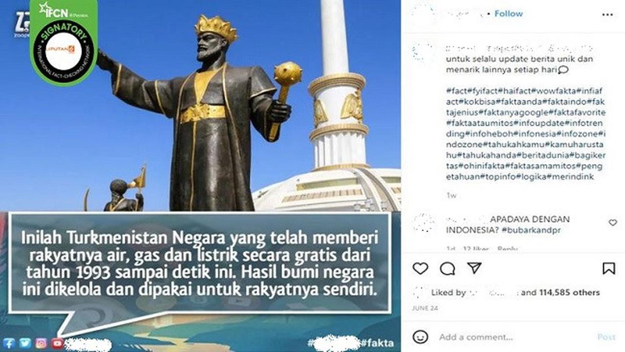 Gambar Tangkapan Layar Klaim Turkmenistan Beri Air, Gas, dan Listrik Gratis Bagi Warganya (sumber: Facebook).