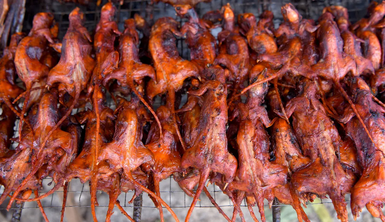 Tikus bakar yang akan dijual terlihat di di provinsi Battambang (8/8/2019). Tikus bakar bukanlah makanan yang lezat untuk dinikmati, tetapi di provinsi pedesaan Battambang, Kamboja, mereka populer sebagai camilan murah dan cepat. (AFP Photo/Tang Chhin Sotthy)