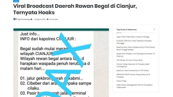 [Cek Fakta] Hoaks Kabar Wilayah Cianjur Saat Ini Rawan Begal