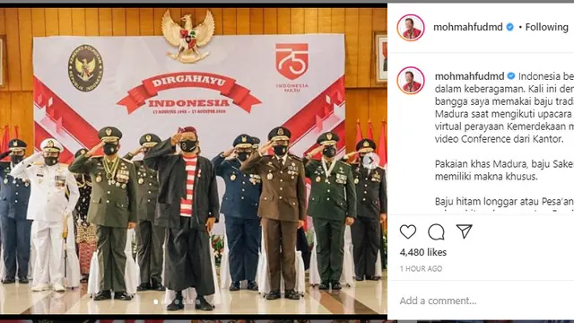 Menko Polhukam Mahfud Md mengenakan pakaian tradisional Madura, baju Sakera dalam upacara HUT ke-75 RI, Senin (17/8/2020)
