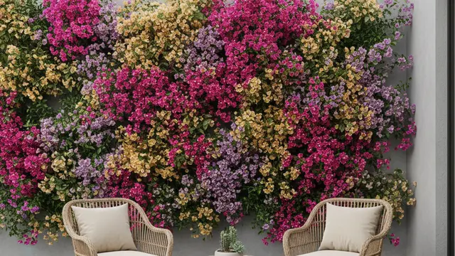 Desain Teras Rumah Estetik dengan Kebun Bunga Warna-Warni. AI