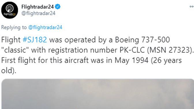 Data penerbangan pesawat hilang kontak Sriwijaya Air SJ182 versi FlightRadar24. (Twitter @flightradar24)