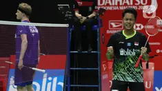 Pebulutangkis Indonesia, Anthony Sinisuka Ginting (kanan) bersorak usai mengalahkan Anders Antonsen (Denmark) pada final tunggal putra Indonesia Masters 2020 di Istora GBK, Jakarta, MInggu (19/1/2020). Anthony Sinisuka Ginting unggul 17-21 21-15 21-9. (Liputan6.com/Helmi Fithriansyah)