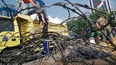 Petugas tampak mengangkut tanaman yang rusak di Taman Silang Monas, Jakarta, Jumat (22/8/14). (Liputan6.com/Faizal Fanani)
