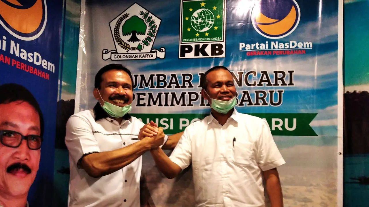 Fakhrizal-Genius Umar mendaftar ke poros baru untuk pilkada Sumbar, Sabtu 8 Agustus 2020. (Liputan6.com/ Novia Harlina)