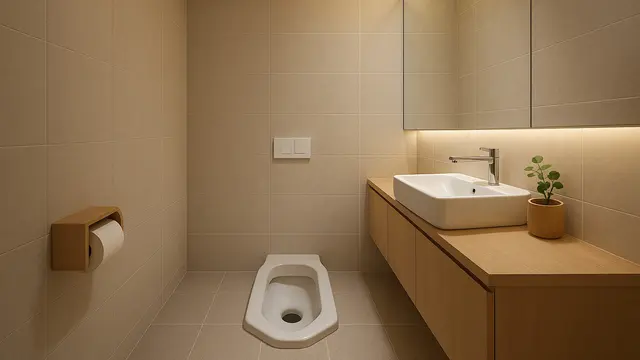 Desain Kamar Mandi 1,5 x 1,5 Meter Kloset Jongkok Gaya Jepang Minimalis/Ilustrasi AI