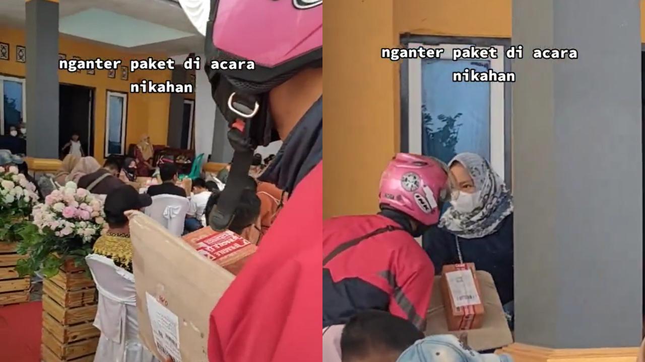 Seorang kurir menerobos pesta pernikahan saat mengantar paket.