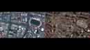 Foto kombinasi yang dibuat citra satelit handout milik Maxar Technologies pada 8 Februari 2023 ini menunjukkan bangunan dan stadion di Kahramanmaras, Turki pada 26 Juli 2022 (kiri), sebelum gempa bumi berkekuatan 7,8 SR yang melanda wilayah tersebut pada 6 Februari 2023, dan foto kanan menunjukkan bangunan yang hancur dan tempat penampungan darurat di stadion di Kahramanmaras, Turki pada 8 Februari 2023, setelah gempa bumi berkekuatan 7,8 SR yang melanda wilayah tersebut. (AFP/CITRA SATELIT ©2023 MAXAR TECHNOLOGIES)