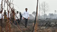 Presiden Joko Widodo atau Jokowi memeriksa kerusakan akibat kebakaran hutan dan lahan (karhutla) di Pekanbaru, Riau, Selasa (17/9/2019). Jokowi ditemani sejumlah pejabat saat meninjau lokasi kebakaran. (Handout/Indonesian Presidential Palace/AFP)