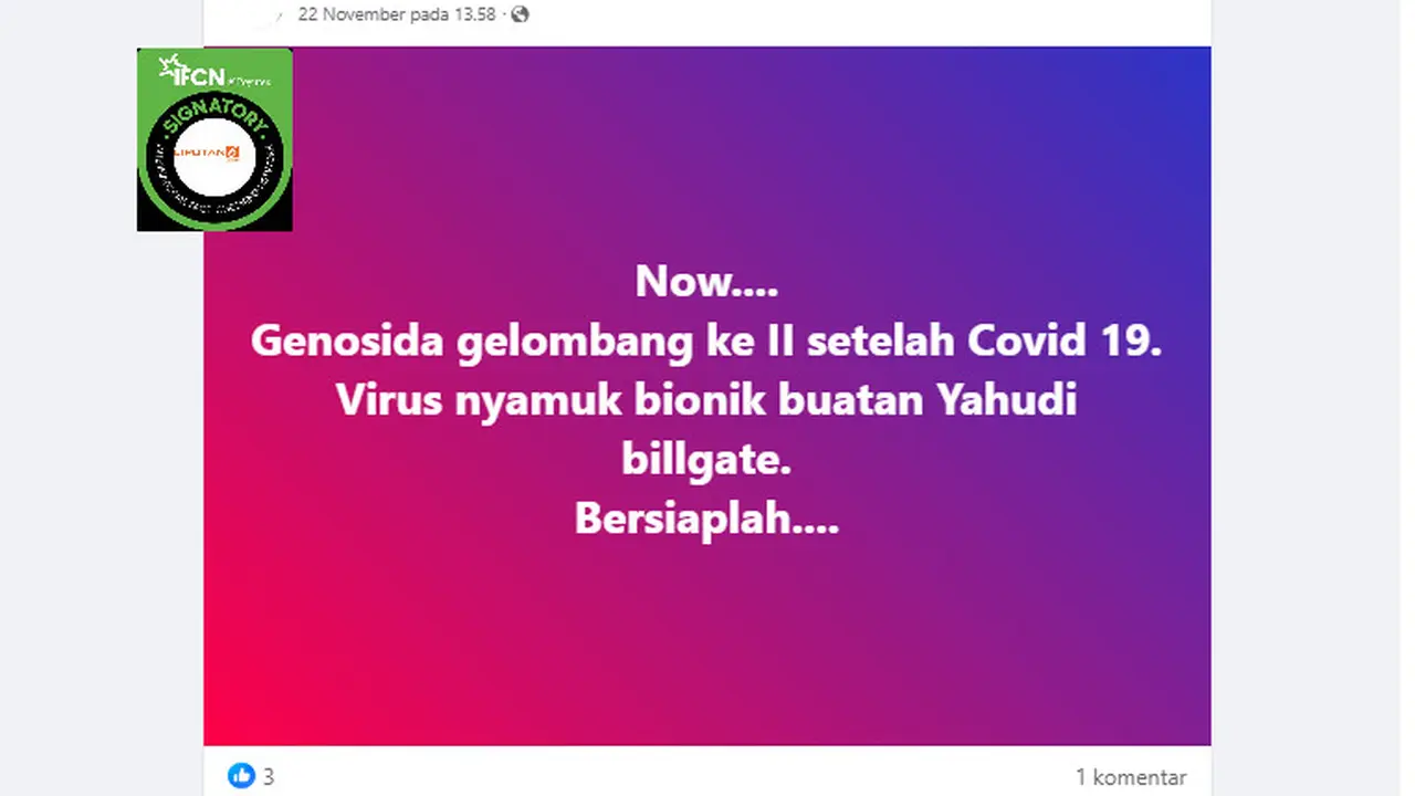 Tangkapan layar klaim genosida lewat virus nyamuk bionik buatan Bill Gates
