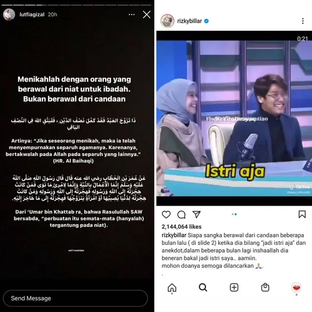 Unggahan akun Lambe Turah soal Lutfi Agizal dan Rizky Billar. (Foto: Instagram @lambeturah)