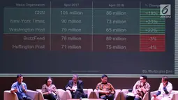 Sejumlah pembicara dalam Konferensi Rakernas AMSI (Asosiasi Media Siber Indonesia) 2019 di Jakarta, Jumat (1/3). Konferensi Rakernas AMSI itu membahas tema 'Regulasi  dan Transformasi Media'. (Liputan6com/Johan Tallo)