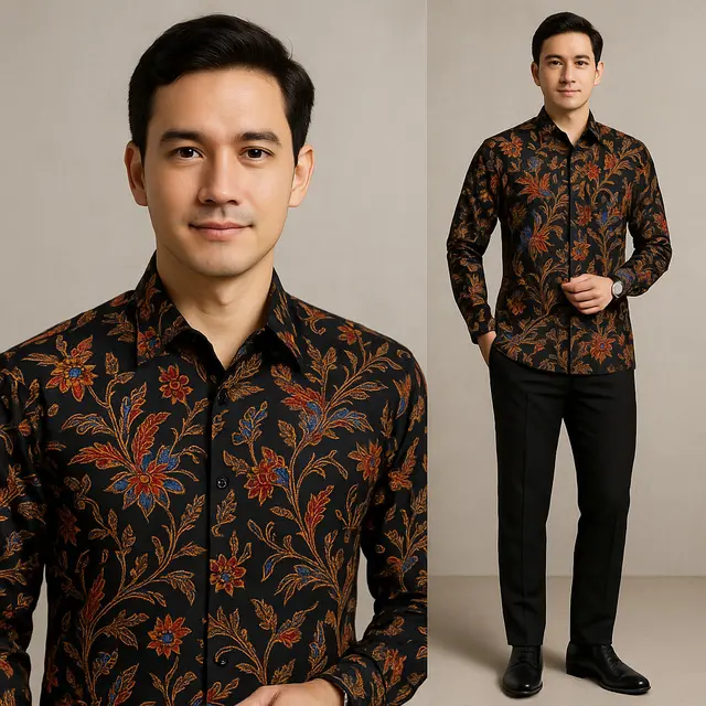 Model Baju Batik Pria Kombinasi Hitam/Ilustrasi oleh AI