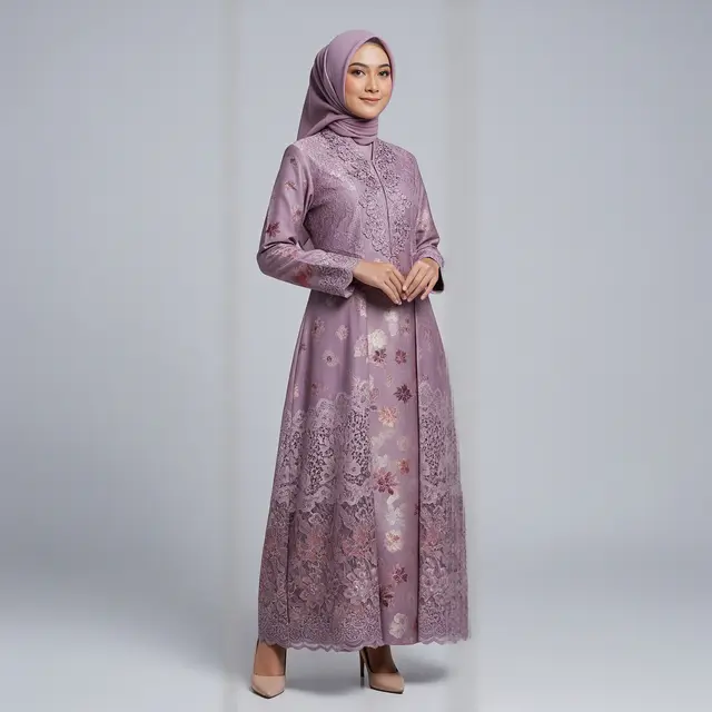 Model Gamis Batik Brokat Dusty Lilac