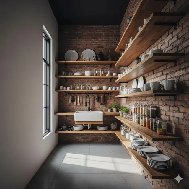 Dapur Vertikal dengan Floating Shelves yang Melimpah