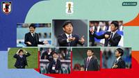 Kolase - Aksi Pelatih Jepang Hajime Moriyasu (Bola.com/Adreanus Titus/Geaby Fadhilatu Sholikha)