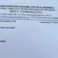 Badan Narkotika Nasional (BNN) Kota Tasikmalaya membenarkan pihaknya meminta bantuan THR atau paket Lebaran kepada perusahaan melalui selebaran menggunakan kop surat BNN Tasikmalaya. (Liputan6.com/ Dok Ist)