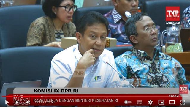 Menteri Kesehatan, Budi Gunadi Sadikin saat rapat kerja bersama Komisi IX DPR RI. (YouTube TVR Parlemen)