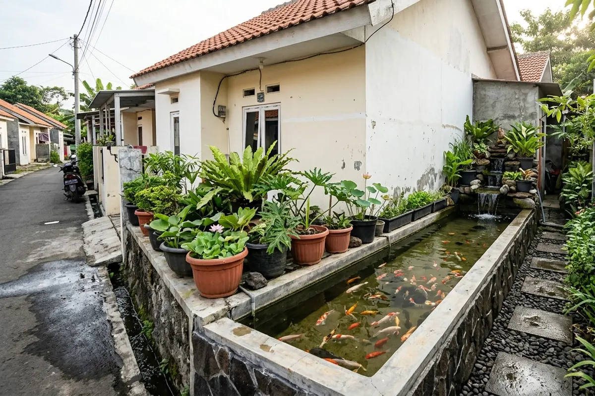 Inspirasi Model Kolam Ikan Memanjang di Samping Rumah Subsidi yang Menenangkan