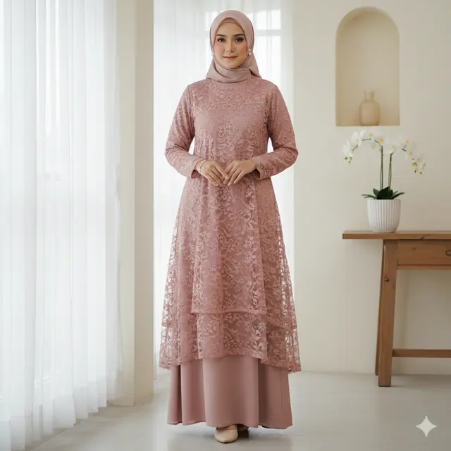 Model Gamis Layer Brokat untuk Lebaran 2026 (Foto: Gemini AI)