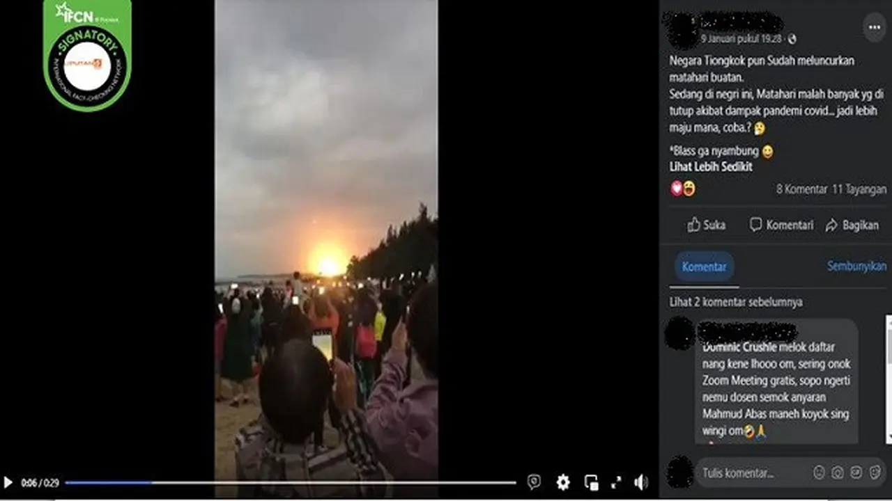 Gambar Tangkapan Layar Video yang Diklaim China Meluncurkan Matahari Buatan (sumber: Facebook).