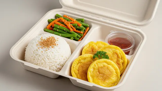 Nasi Putih Tumis Buncis Wortel Telur Dadar Mini