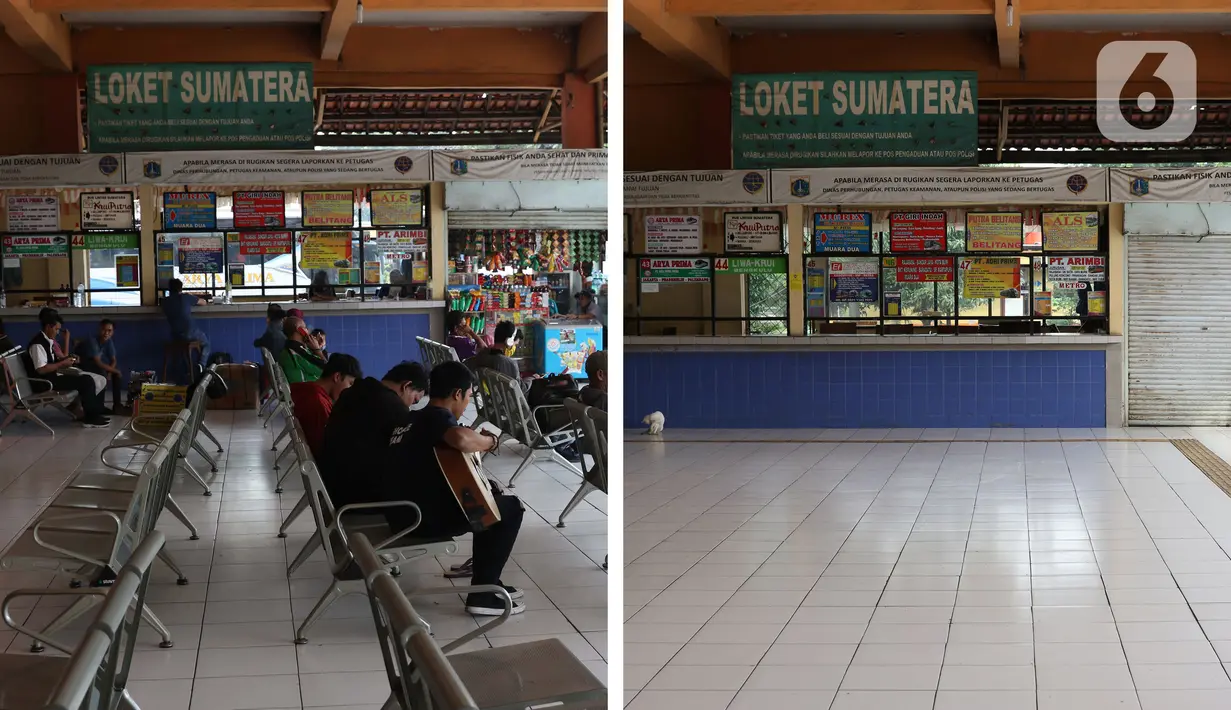 Foto kiri menggambarkan situasi Terminal Kampung Rambutan pada Senin (30/3/2020). Foto kanan menggambarkan situasi Terminal Kampung Rambutan pada Sabtu (25/4/2020). Guna memutus mata rantai penularan Covid-19, pemerintah resmi melarang mudik pada Jumat (24/4) lalu. (Liputan6.com/Helmi Fithriansyah)