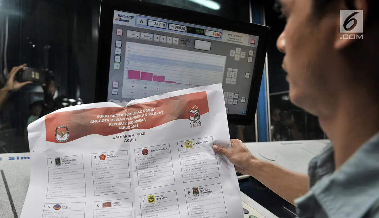 Petugas menunjukkan surat suara legislatif di Kompas Gramedia, Jakarta, Minggu (20/1). Surat suara yang dicetak serentak di sejumlah percetakan lima konsorsium ditambah satu perseroan terbatas selama tiga bulan ke depan. (Merdeka.com/Iqbal S. Nugroho)