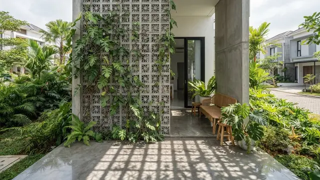 Model Teras Rumah dengan Roster Vertikal untuk Privasi Maksimal