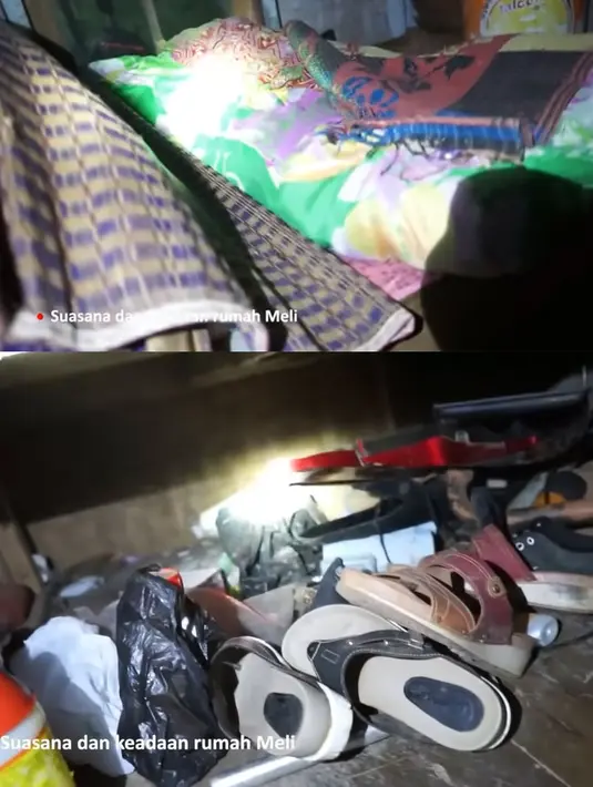 Tempat tidur dengan ranjang sederhana. Sedangkan dibawahnya terdapat banyak sepatu hingga sandal. Sedangkan kamar ini juga menggunakan dinding anyaman bambu. [Youtube/Melly Lee]