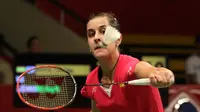 Pebulutangkis tunggal putri Spanyol, Carolina Marin, saat bertanding melawan pebulutangkis Malaysia, Tee Jing Yi, dalam Kejuaraan Dunia Bulutangkis 2015 di Istora Gelora Bung Karno, Senayan, Jakarta. Selasa (11/8/2015). (Bola.com/Arief Bagus)