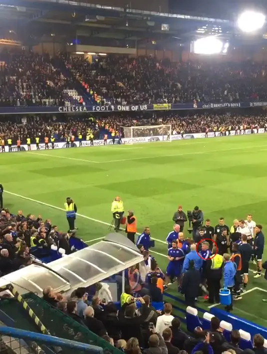 Guus Hiddink mencoba menenangkan para pemainya usai pertandingan melawan Tottenham di Stadion Stamford Bridge, Inggris (3/5). Hiddink menjadi korban saat pemain Chelsea dan Tottenham terlibat ribut usai laga tuntas. (Twitter/@Jonathankydd)