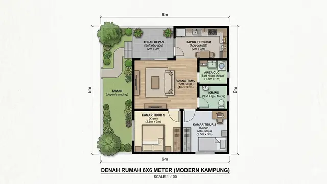 Contoh Rumah Kampung Kekinian 6x6 2 Kamar dengan Dapur Terbuka. Gemini