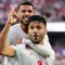 Mohammad Mohebi (8) dari Timnas Iran melakukan selebrasi setelah mencetak gol kedua timnya bersama Mehdi Ghayedi (10) selama pertandingan Grup G Piala Dunia antara Iran dan Selandia Baru di Inglewood, California, dekat Los Angeles, Selasa, 16 Juni 2026. (AP Photo/Mark J. Terrill)
