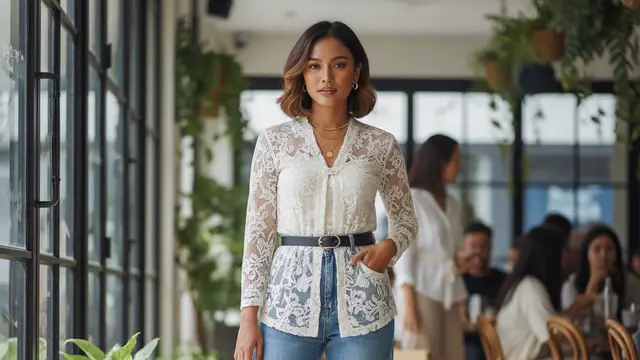 Kebaya Modern/Blus Brokat Modern dengan Boyfriend Jeans