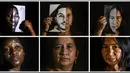 Kombinasi gambar yang dibuat pada 9 September 2020 ini para ibu yang kehilangan anak mereka dalam pembunuhan yang diduga oleh kelompok bersenjata. Pembunuhan kembali berdarah di pedesaan Kolombia. Korbannya kebanyakan masih muda. (Luis ROBAYO/AFP)