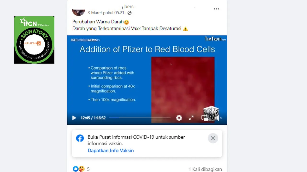 Cek Fakta Liputan6.com menelusuri klaim vaksin mengubah warna darah