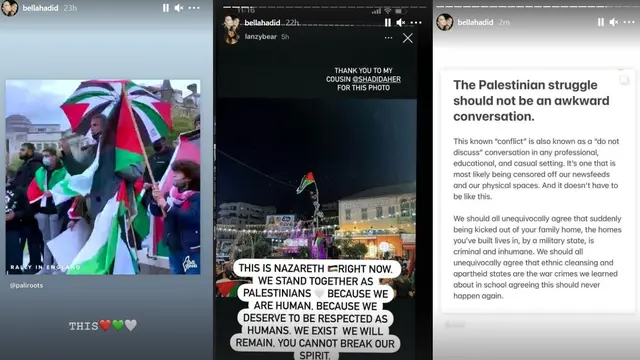 Sejumlah unggahan Bella Hadid tentang konflik Palestina. (Instagram/ bellahadid)