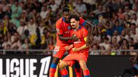 Selebrasi Vitinha dan Nuno Mendes dalam laga Nantes vs PSG di Ligue 1 2025/2026, Senin (18/8/2025). (PSG Official)