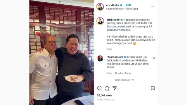 Menteri Badan Usaha Milik Negara (BUMN) Erick Thohir mengunggah momen cukup unik. Ia suap-suapan dengan Duta Besar Indonesia untuk Amerika Serikan Rosan Roeslani.