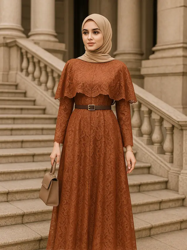 Model Gamis Brokat Tali Pinggang Depan yang Sedang Tren 2025