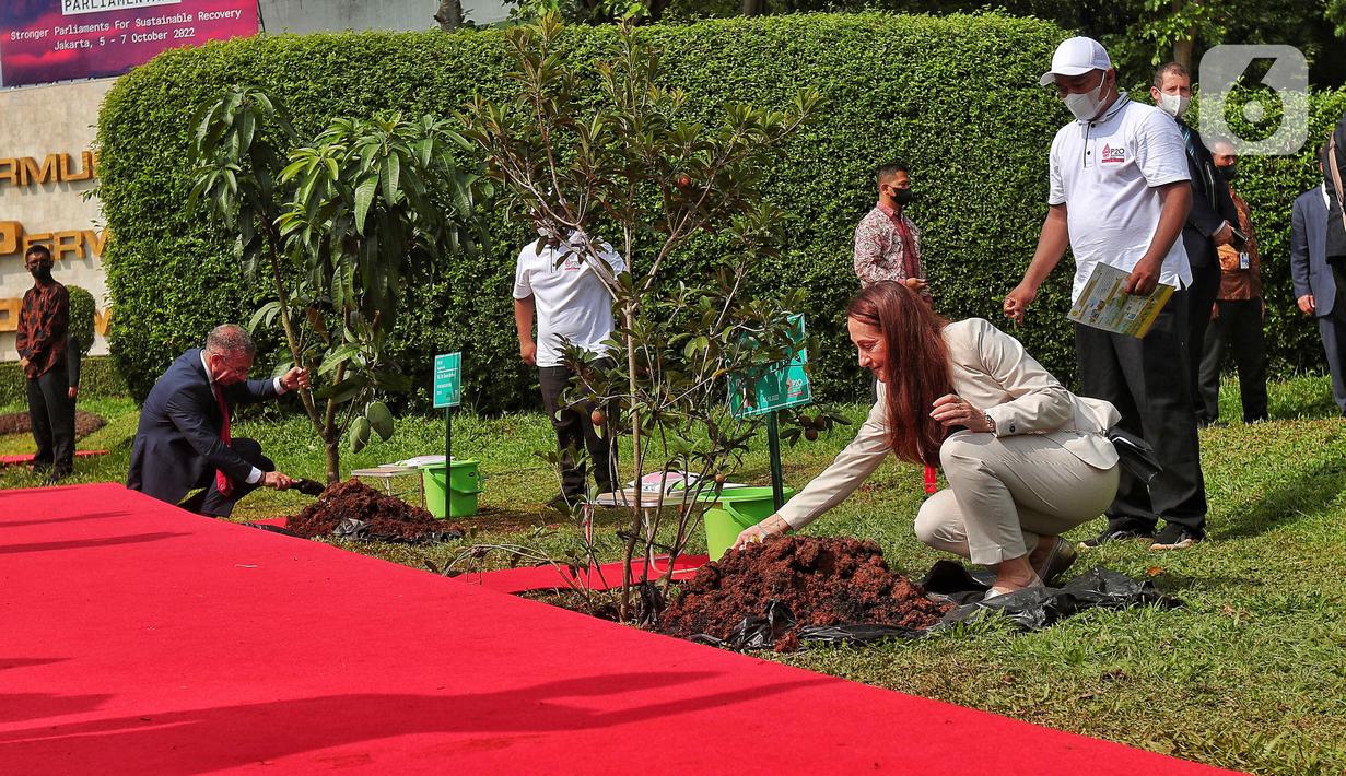 Delegasi Parlemen Italia Paola Taverna melakukan penanaman pohon bersama para delegasi yang hadir pada acara P20 di Taman Energi, Kompleks Parlemen MPR/DPR-DPD, Senayan, Jakarta, Jumat (7/10/2022). Penanaman pohon ini merupakan rangkaian The 8th G20 Parliamentary Speakers’ Summit (P20) yang hari ini merupakan penutupan. (Liputan6.com/Angga Yuniar)