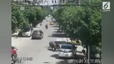 Seekor banteng lepas di tengah kota Meizhou setelah dipindahkan. Banteng ini berlari di tengah jalan dan mulai menyerang warga.
