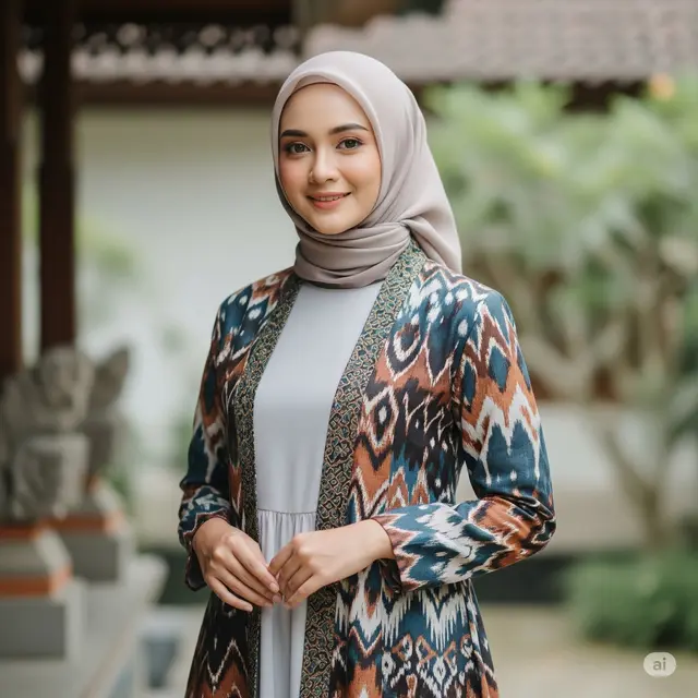 Gamis Polos + Outer Motif Etnik Modern