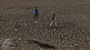 Anak-anak bermain di atas tanah retak Situ Cilodong, Kalibaru, Depok, Rabu (30/9/2015). Musim kemarau panjang menyebabkan situ Cilodong di Kelurahan Kalibaru, Cilodong mengalami kekeringan. (Liputan6.com/Yoppy Renato)